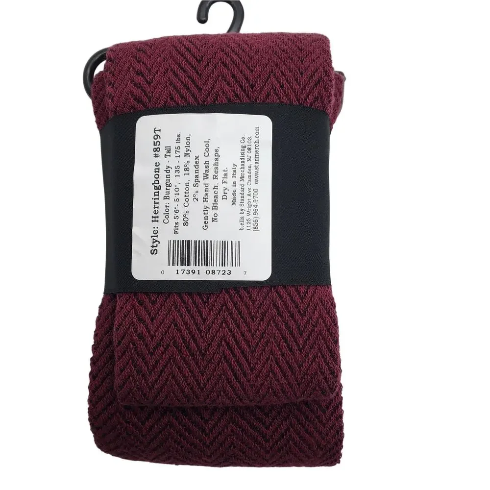 Italian 80% Cotton Tights Size Tall Burgundy Herringbone Wine B.ella New Hosiery